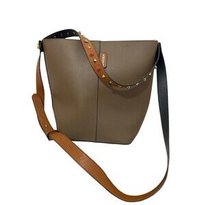 Handbag Crossbody Shoulder Bag Gold Studded‎ Large Faux Leather Brown